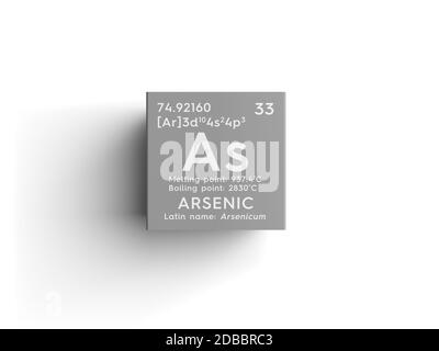 Arsen. Arsenicum Metalloide. Chemisches Element des Mendelejew Periodensystems. Arsen in quadratischen Würfel kreatives Konzept. 3D-Illustration. Stockfoto