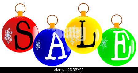 Eine rote weihnachtskugel mit den Buchstaben s, a, l, e, zum Verkauf. Stockfoto