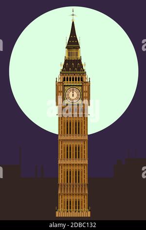 Das Londoner Wahrzeichen Big Ben Clocktower am Miidnight durch den Vollmond. Stockfoto