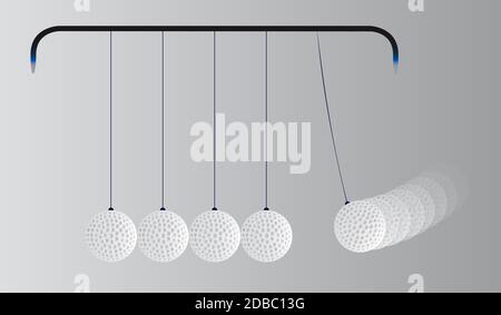 Eine Wiege kinetische Energie geladen mit fünf Golfbälle. Stockfoto