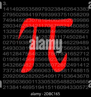 Pi auf mehrere hundert Dezimalstellen, die auf einem schwarzen Bavkground mit einem roten Pi-Symbol gesetzt sind. Stockfoto