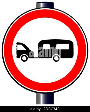 Eine große runde rote Verkehr anzeigen, ein Auto und Wohnwagen Stockfoto