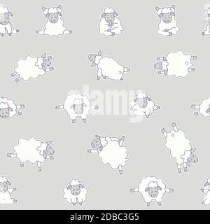 Nahtlose Muster. Yoga für Tiere. Aufkleber Zeichnungen von niedlichen weißen Schafen üben Meditation, stehen Asanas und Sport. Vektorgrafik auf einem Stock Vektor