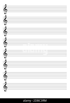 Acht Violinschlüssel Notensysteme isoliert auf weißem Hintergrund Stockfoto