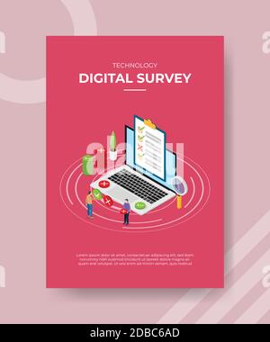 Digitale Umfrage Menschen füllen Checkliste auf Laptop für Vorlage von Banner und Flyer für den Druck von Magazincover und Poster mit Flacher Cartoon-Stil Stock Vektor