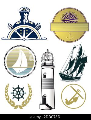 Satz von marinen, maritimen und nautischen Symbolen - Illustration Stockfoto