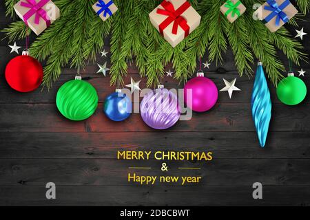 Neujahr Weihnachten Grußkarte mit Tannenzweigen, Kugeln, Eiszapfen Sterne Holzhintergrund. 3D-Illustration Stockfoto