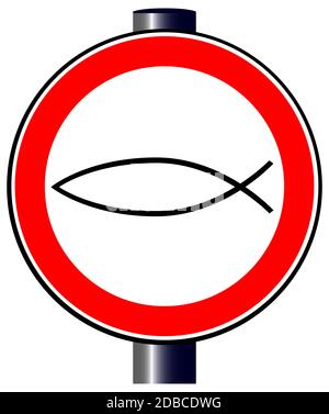 Eine große runde rote Verkehrszeichen mit einem "Christian Fish"-Logo. Stockfoto