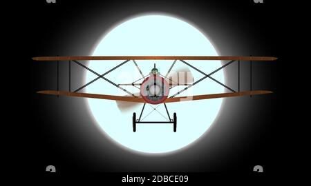 Ein WWI RFC Jagdflugzeug fliegen gegen den Vollmond. Stockfoto