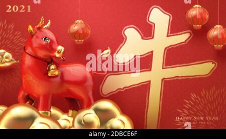 Happy New Year Banner mit großen 3d-Illustration Ochse auf goldenen Wolke, chinesische Übersetzung: OCHSE Stock Vektor