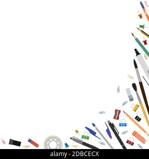 Schreibwaren. Güter für Büro, Schule und Kreativität. Eckenrahmen. Für ein Banner. Das isolierte Objekt auf weißem Hintergrund. Vektor. Vektorgrafik Stock Vektor
