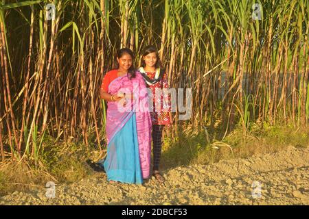 Zwei schöne Teenager indischen bengalischen Mädchen tragen Sari und Salwar Kameez lächelnd und posiert vor einem Zuckerrohr gepflanzt Agrarbereich Stockfoto