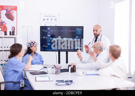 Arzt, der über das Schmoren von Wellen spricht, während er ein Headset mit Sensoren trägt. Der Monitor zeigt moderne Gehirnstudien, während ein Wissenschaftlerteam das Gerät anpasst. Stockfoto