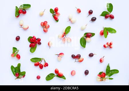 Karonda Carunda oder Früchte mit Blättern auf weißem Hintergrund. Stockfoto