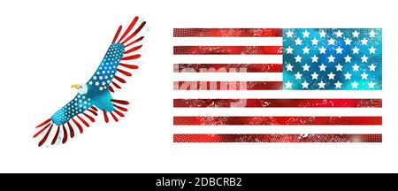 Weißkopfseeadler und USA Flagge. US-Unabhängigkeitstag. Vektorgrafik Stock Vektor