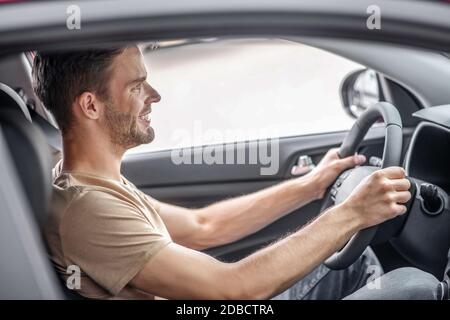 Junger Mann im Auto sitzend, das Lenkrad haltend Stockfoto