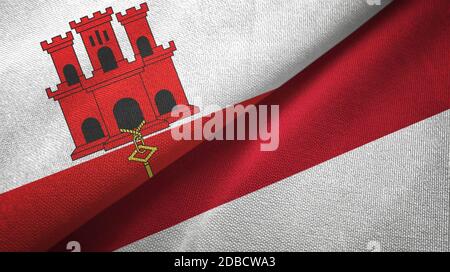 Gibraltar und Indonesien zwei Flaggen Textiltuch, Stoffstruktur Stockfoto