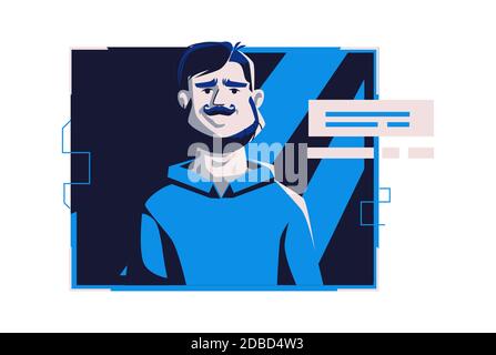 Moderne Menschen Avatar in lässiger Kleidung, Vektor-Cartoon-Illustration. Mann mit individuellem Gesicht und Haar, in hellem digitalem Rahmen auf dunkelblauem Computerhintergrund, Bild für Webprofil Stock Vektor
