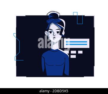 Moderne Menschen Avatar in lässiger Kleidung, Vektor-Cartoon-Illustration. Frau mit individuellem Gesicht und Haar, in hellem digitalem Rahmen auf dunkelblauem Computerhintergrund, Bild für Webprofil Stock Vektor