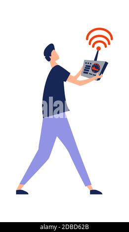 Symbol eines Mannes mit einer Fernbedienung in den Händen, Steuerung einer Drohne Cartoon Vektor-Illustration isoliert auf weiß Stock Vektor