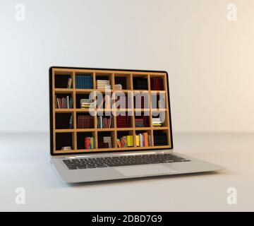 Bibliothek in Laptop-Bildschirm, Online-Bibliothek realistische 3D-Rendering Stockfoto