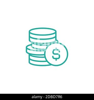 Stapel von Dollar-Münzen mit Münze davor. Flaches blaues Symbol. Isoliert auf Weiß. Wirtschaft, Finanzen, Geld Piktogramm. Reichtumszeichen. Vektorgrafiken Stock Vektor