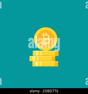 Stapel Bitcoin Goldmünzen mit Münze davor. Flaches Symbol auf Blau isoliert. Online-Zahlpiktogramm. Vektorgrafik. Kryptowährung, Kleingeld Stock Vektor