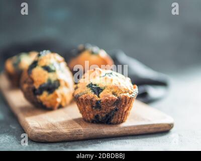 Hausgemachte vegane Heidelbeer-Muffins auf dunklem Hintergrund. Platz für Text oder Design kopieren Stockfoto