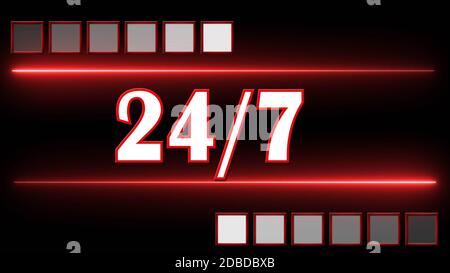 24 Stunden 7 Tage Schild mit grafischen Elementen - rot auf schwarzem Hintergrund geflammt Stockfoto