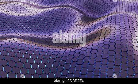 Futuristisches, welliges Sechseck-Muster mit blauem Lichteffekt und realistischem 3D-Rendering Stockfoto