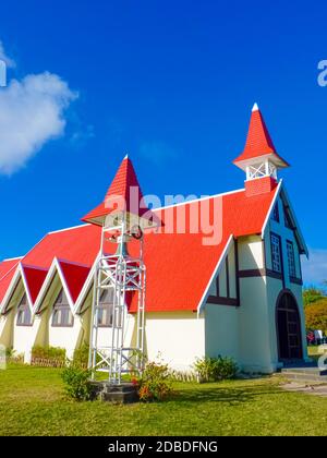 Rote Dachkirche in Cap Malheureux, nördlich von Mauritius Stockfoto