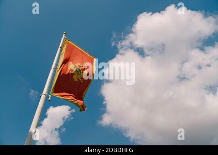 Nahaufnahme der roten Flagge Montenegros mit einem zweiköpfigen Adler an einem blauen Himmel mit weißen Wolken. Stockfoto