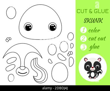 Einfache pädagogische Spiel Färbung Seite geschnitten und kleben sitzende Baby skunk für Kinder. Pädagogische Papier Spiel für Vorschulkinder. Farbe, Schnittteile und gl Stock Vektor