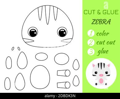 Einfache pädagogische Spiel Färbung Seite geschnitten und kleben sitzende Baby Zebra für Kinder. Pädagogische Papier Spiel für Vorschulkinder. Farbe, Schnittteile und gl Stock Vektor