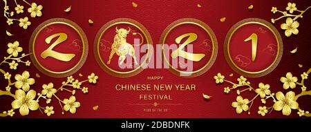 2021 Jahr des Ochsen mit glücklichen chinesischen Neujahr Text auf rotem chinesischen Stil Banner Hintergrund Stock Vektor