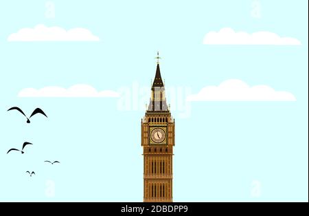 Das Londoner Wahrzeichen Big Ben Clocktower im Morgengrauen vor blauem Himmel mit Wolken und Vögel Stockfoto