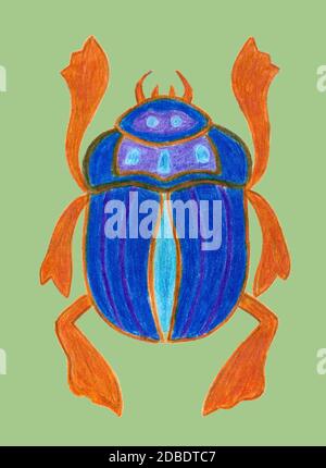 Blauer Skarabäus isoliert auf hellgrünem Hintergrund. Uraltes, heiliges Insekt. Ägyptische Kultur. Bug Symbol der Sonne. Beetle-Logo. Handgezeichnete Illustrationen Stockfoto