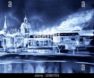 Landschaftlich reizvolle Aussicht auf die Altstadt in Stockholm, Schweden. Handgezeichnete Illustration. Aquarell Kunst. Blaue Farben. Monochrome alte Karte Stockfoto