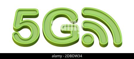 Grünes 5G-Symbol 3D-Renderdarstellung isoliert auf weißem Hintergrund Stockfoto