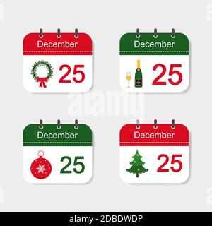 Set von Kalender-Icons Dezember mit weihnachtsdekoration. Vektorgrafik Stockfoto