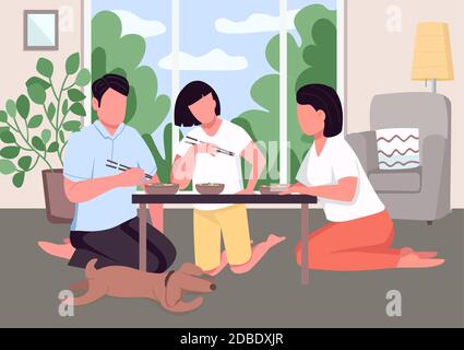 Asiatische Familie Abendessen flache Farbe Vektor Illustration Stock Vektor