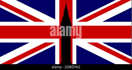 Der Londoner Wahrzeichen Big Ben Clocktower in Silhouette über einer Unionsflagge, öfter Union Jack genannt. Stockfoto