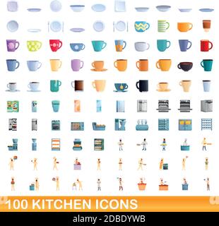 100 Küchensymbole. Cartoon Illustration von 100 Küche Icons Vektor-Set isoliert auf weißem Hintergrund Stock Vektor