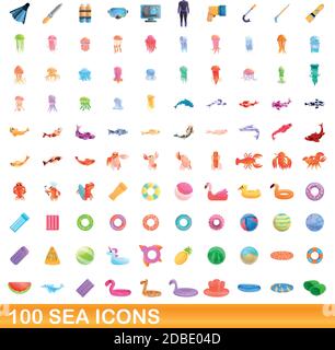 100 SEA-Symbole festgelegt. Cartoon Illustration von 100 SEA Icons Vector auf weißem Hintergrund isoliert gesetzt Stock Vektor