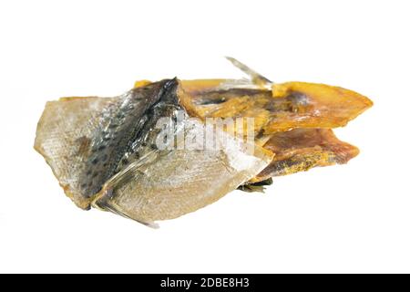 Getrocknete Brasse in Form Schmetterling auf weißem Hintergrund isoliert. Snack Fisch zu Bier. Nahaufnahme. Stockfoto