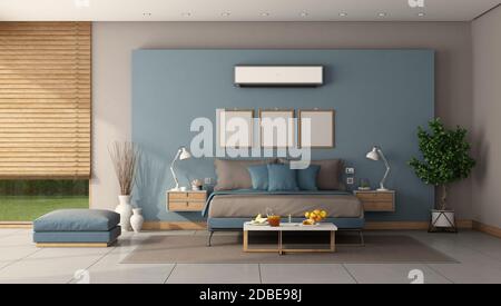 Modernes Hauptschlafzimmer mit einem Mini-Doppelbett und Klimaanlage an der blauen Wand - 3d-Rendering Stockfoto