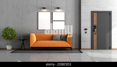 Hauseingang mit Haustür und orange modernes Sofa gegen Betonwand - 3d-Renderig Stockfoto