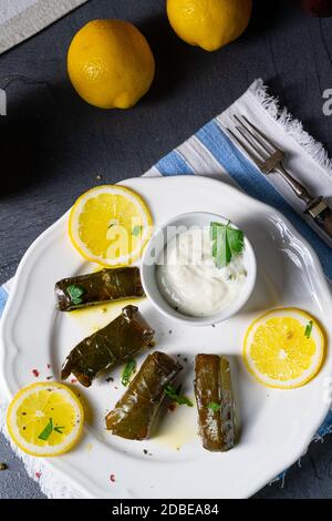 Dolmades - gefüllte Traubenblätter auf griechische Weise Stockfoto