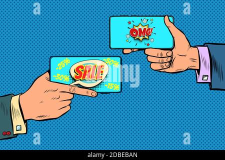 Rabatte Online-Handel Verkauf Geschäft Online-Kommunikation Smartphone. Pop Art Retro Vektor Illustration Kitsch Vintage 50er Jahre 60er Jahre Stil Stockfoto