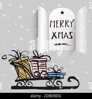 Adventskalender Türen öffnen, Geschenke, fallender Schnee isoliert auf hellgrauen Hintergründen. Handgezeichnete Doodle Skizze Zeichnung für Weihnachtsposter, Kopfzeilen Stock Vektor